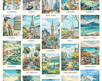 Paquete de arte mural de viajes: pósteres de ciudades vintage, destinos mundiales imprimibles, decoración de viajes retro (más de 90)
