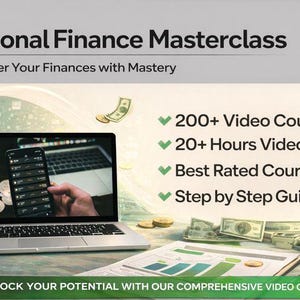 Peut inclure: Un ordinateur portable affichant une application financière sur un smartphone, avec de l'argent et des pièces éparpillés. L'image promeut une "Masterclass en finance personnelle" avec plus de 200 cours vidéo et plus de 20 heures de contenu vidéo.