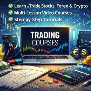 Peut inclure: Image promotionnelle de cours de trading, avec un ordinateur portable, une tablette et un smartphone affichant des graphiques boursiers. Des pièces d'or, des liasses de billets et des lingots d'or sont également présents. Le texte "TRADING COURSES" est affiché sur l'écran de l'ordinateur portable.