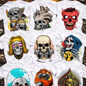 Peut inclure: Plusieurs t-shirts blancs avec des motifs de crânes. Les motifs incluent un crâne avec une couronne, un crâne avec un cœur, un crâne rouge et un crâne avec des lunettes de soleil. Le texte "25+ SKULL VECTOR PNG" est en haut.