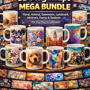 Pode incluir: Uma coleção de canecas de 44cl com vários designs, incluindo padrões florais, animais, geométricos e abstratos. A imagem apresenta canecas com designs de gatos, cães e paisagens. O texto na imagem diz "10,000+ 3D Mug Wraps MEGA BUNDLE."