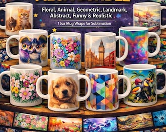 Megapaquete de más de 10 000 envoltorios para tazas 3D: florales, animales, geométricos, emblemáticos, abstractos, divertidos y realistas, de 433 ml