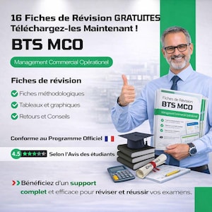 Peut inclure: Publicité pour des fiches de révision BTS MCO. L'image présente un homme tenant une pile de livres verts et blancs. Le texte comprend "16 Fiches de Révision GRATUITES" et "Management Commercial Opérationel".