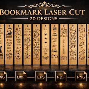 Peut inclure: Ensemble de marque-pages en bois découpés au laser avec divers motifs, incluant des citations, des illustrations et des motifs floraux. Le texte "BOOKMARK LASER CUT" et "20 DESIGNS" est affiché. Les marque-pages sont présentés sur une surface sombre.