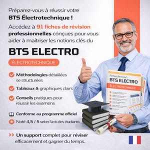 Puede incluir: Un hombre con una camisa azul sostiene un libro titulado "BTS ELECTRO ÉLECTROTECHNIQUE". La imagen incluye texto en francés que promociona materiales de revisión de exámenes, una pila de libros, un birrete y un diploma. La bandera francesa es visible.