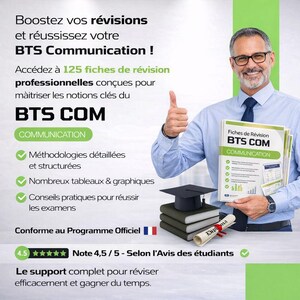 Peut inclure: Image d'un homme tenant des guides d'étude intitulés "BTS COM COMMUNICATION". L'image contient du texte en français faisant la promotion de matériel de révision pour les examens BTS Communication. Une toque de diplômé et un diplôme sont également visibles.