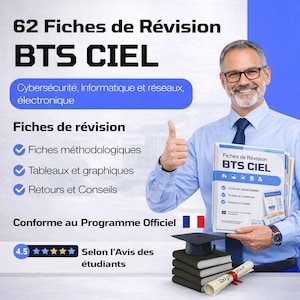Puede incluir: Imagen de guías de estudio para el examen BTS CIEL. La portada de la guía es azul y blanca. La imagen también incluye una pila de libros, un birrete y un diploma. El texto de la imagen dice "62 Fiches de Révision BTS CIEL".