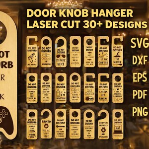 May include: Wooden door knob hangers with laser-cut designs. The image features a variety of rectangular hangers with the words "Do Not Disturb" and other phrases. One hanger has a game controller design and the words "Gamer at Work".