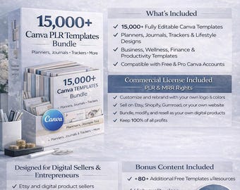 Paquete de más de 15 000 plantillas PLR de Canva | Plantillas editables para planificadores, diarios y rastreadores | Derechos PLR y MRR incluidos
