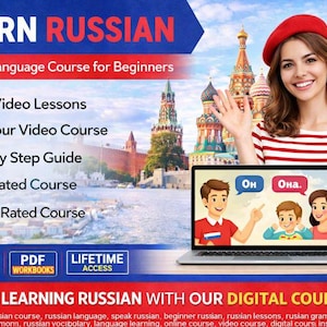 Peut inclure: Publicité pour un cours de russe. L'image présente une femme en béret rouge et chemise rayée, souriante et saluant. Un ordinateur portable affiche une leçon. Le texte comprend "Apprendre le russe" et les détails du cours.