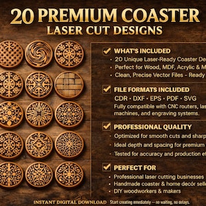 Peut inclure: Téléchargement numérique de 20 modèles de dessous de verre découpés au laser. Les dessous de verre présentent des motifs détaillés et conviennent au bois, MDF et acrylique. L'image comprend le texte "20 Premium Coaster Laser Cut Designs."
