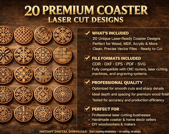 Paquete de 20 diseños premium de posavasos cortados con láser (archivos láser CNC SVG, DXF, EPS, PDF, CDR) Patrones de posavasos de madera para enrutador CNC y corte láser