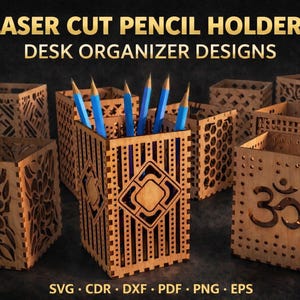Pencil Holder Laser Cut Files Bundle | CNC SVG Desk Organizer Designs