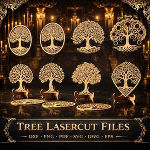 Peut inclure: Plusieurs modèles d'arbres découpés au laser, de couleur dorée, présentés dans diverses formes, dont ovales et en forme de cœur. Les arbres sont exposés sur des socles. Le texte "Tree Lasercut Files" est visible.