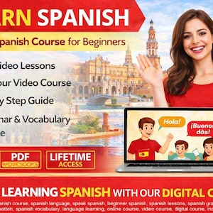 May include: Promotional image for an online Spanish course. A woman in a red top holds a Spanish flag. A laptop displays a lesson with the words "Hola!" and "¡Buenos días!". Text includes "Learn Spanish" and course details.