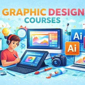 May include: Illustration promoting graphic design courses. A person wearing headphones works on a tablet and laptop. The image includes a desktop computer, camera, and software icons. The text "GRAPHIC DESIGN COURSES" is displayed at the top.