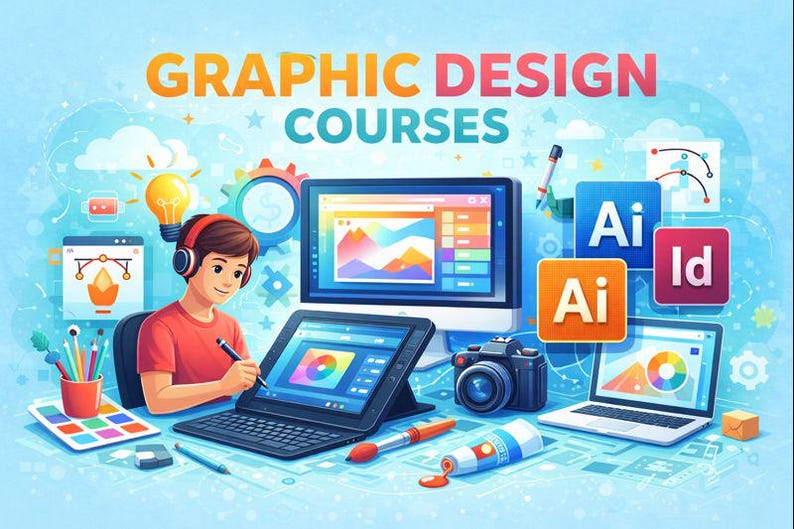 May include: Illustration promoting graphic design courses. A person wearing headphones works on a tablet and laptop. The image includes a desktop computer, camera, and software icons. The text "GRAPHIC DESIGN COURSES" is displayed at the top.
