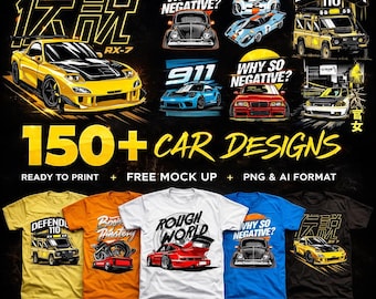 Paquete de diseño de camisetas de coches: más de 150 diseños de coches listos para imprimir en DTG y DTF. Los más vendidos.