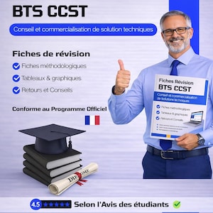 Może przedstawiać: Reklama przewodników do powtórek BTS CCST. Na zdjęciu mężczyzna trzymający przewodnik, stos książek z czapką absolwenta oraz tekst "Fiches de révision" i "Conseil et commercialisation de solution techniques."