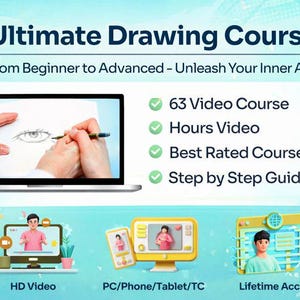 Op de afbeelding: Een advertentie voor een online teken cursus. De titel "Ultimate Drawing Course" wordt weergegeven boven een laptopscherm met handen die een oog schetsen. Extra tekst is "From Beginner to Advanced - Unleash Your Inner Artist".