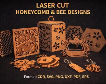 Paquete de archivos cortados con láser de panal | Diseños CNC SVG de abejas y miel