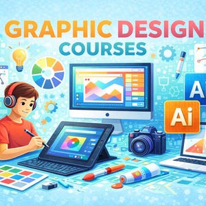 May include: Illustration promoting graphic design courses. A person wearing headphones is drawing on a tablet. The image includes a computer monitor, laptop, camera, and design software icons. The text "GRAPHIC DESIGN COURSES" is displayed at the top.