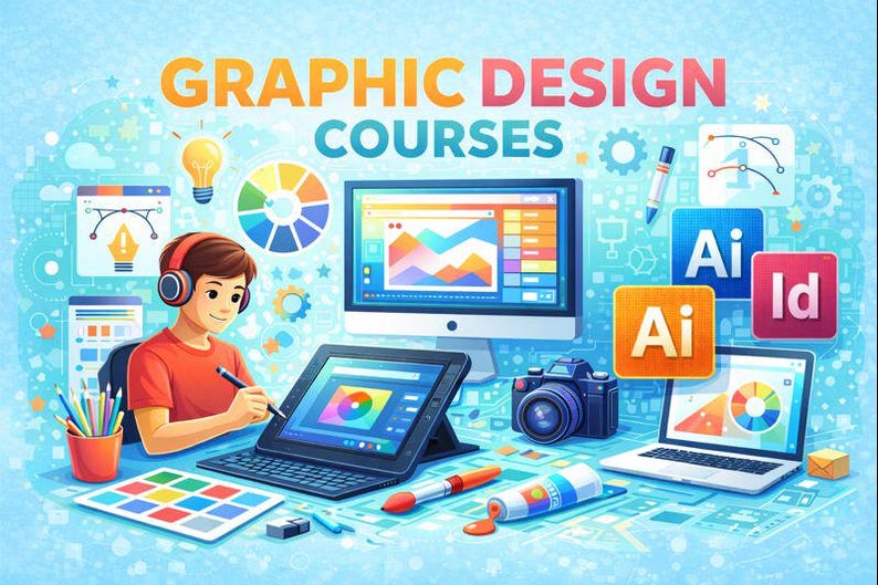 May include: Illustration promoting graphic design courses. A person wearing headphones is drawing on a tablet. The image includes a computer monitor, laptop, camera, and design software icons. The text "GRAPHIC DESIGN COURSES" is displayed at the top.
