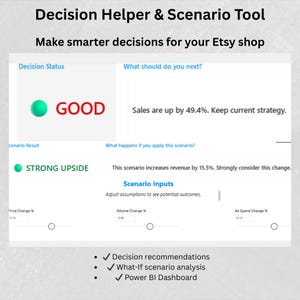 Könnte beinhalten: Eine digitale Oberfläche mit "Decision Helper & Scenario Tool" für Etsy-Shops. Sie zeigt Entscheidungsstatus, Szenarienergebnisse und Eingaben an. Text enthält "GOOD" und "STRONG UPSIDE". Die Oberfläche soll helfen, intelligentere Entscheidungen zu treffen.