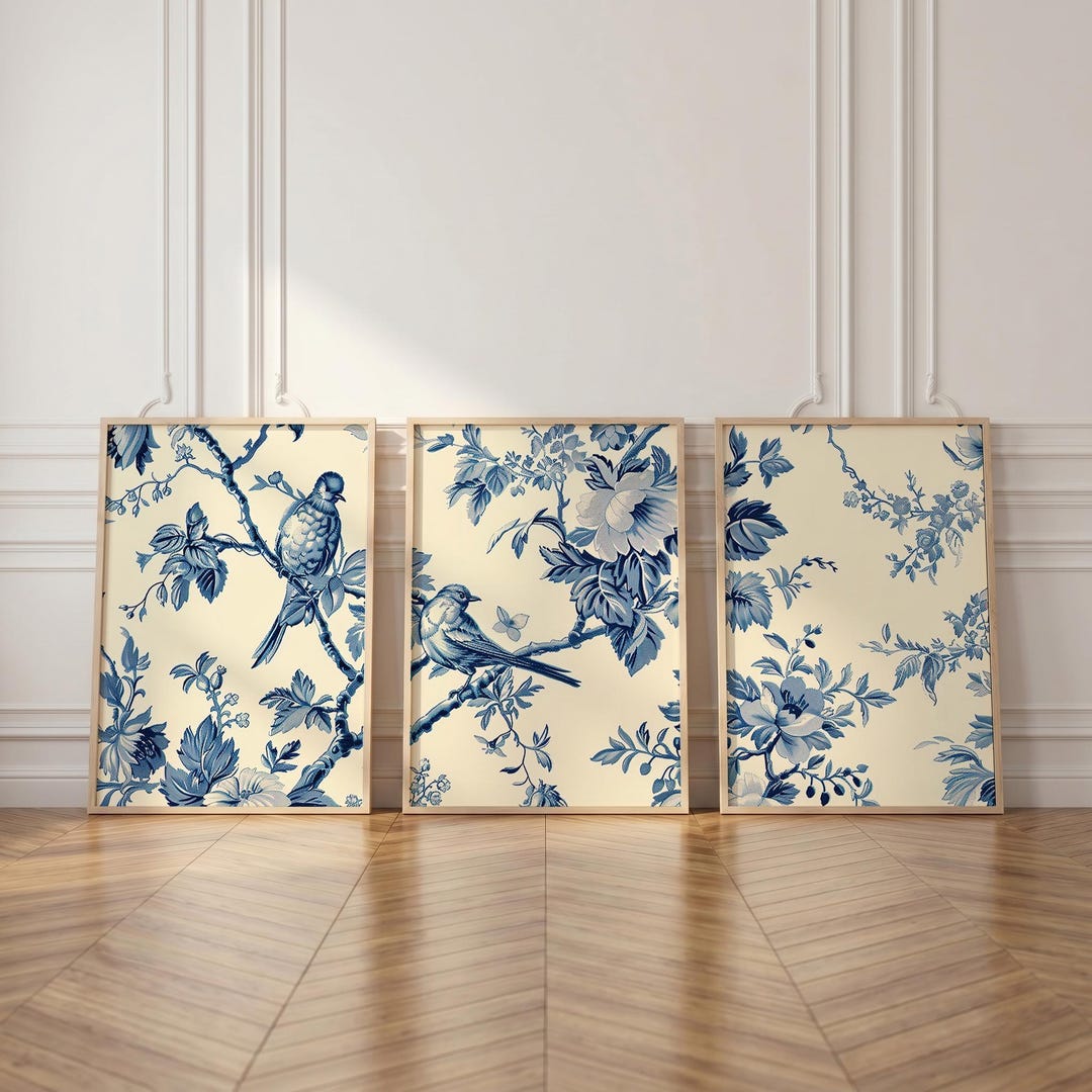Blue Chinoiserie Bird Set of 3 Prints, Vintage Chintz Floral Wall Art ...