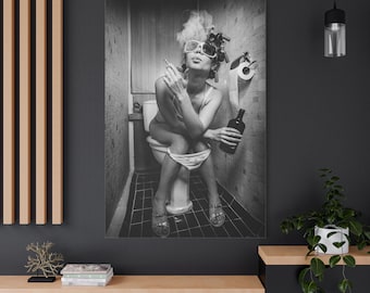 Black and White Fashion Toilet Girl Smoke, Fashion Wall Art Canvas Ready To Hang 1.25" Deep No Y-484