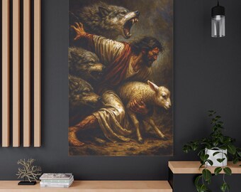 Jesús salva al cordero de los lobos. Lienzo decorativo cristiano espiritual, listo para colgar, 3,17 cm de profundidad, n.° Y-590