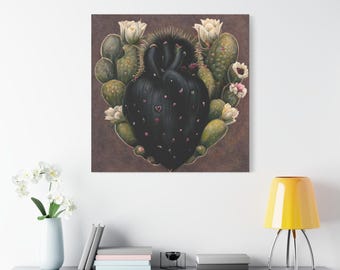 Mexican Cactus Heart Canvas, Mexican Folk Art Painting, Mexico Wall Art  Canvas Ready To Hang 1.25" Deep No Y-353