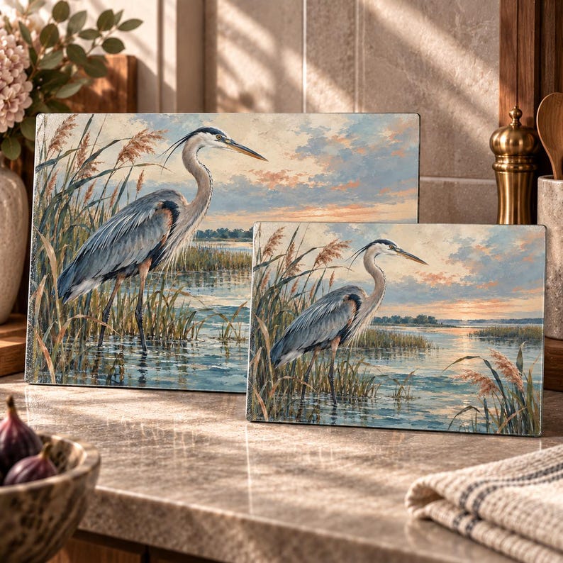 Heron Reed Study Glass Cutting Board, Nature Design, Decorative Kitchen ...