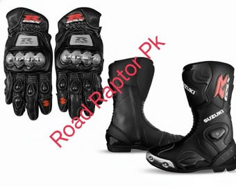 Komplet butów i rękawic motocyklowych Suzuki GSX Racing - AllBlack Leather Riding Gear - Ochronne rękawice motocyklowe