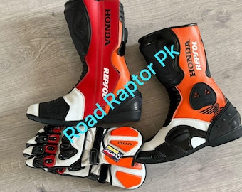 Honda Repsol Orange and Red Racing Set: Protective Gloves and Boots for Motorbike Riders