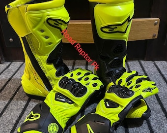 Botas de competición Alpinestars de color amarillo fluorescente y guantes GP Pro (conjunto homologado CE) para motociclismo.