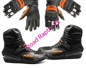 KTM Motorcycle Riding Suit Accessories - Leather Racing Boots and Protective Gloves Set for Sportbike & Street Riding
