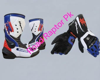 Zestaw butów i rękawic motocyklowych Suzuki Racing - Wielokolorowy skórzany strój motocyklowy - Ochronne rękawice motocyklowe - Zestaw dla profesjonalnego motocyklisty