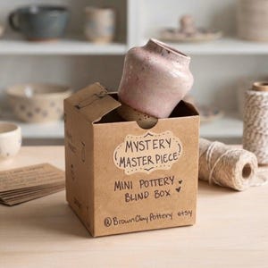 Op de afbeelding: Een bruine kartonnen doos met het label Mystery Master Piece Mini Pottery Blind Box at Brown Clay Pottery etsy, met daarin een kleine roze keramieken vaas met een gespikkelde textuur. De doos bevat handgetekende illustraties.