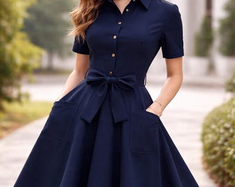 Tonval - Robe trapèze rockabilly vintage bleu marine pour femmes, robe d'été pin-up ceinturée et boutonnée - Style élégant 2026