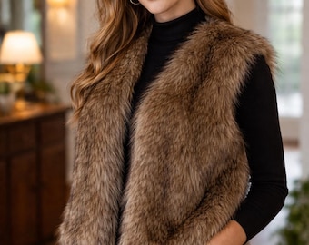 Veste sans manches longue en fausse fourrure, gilet d'hiver sans manches, vêtements d'extérieur chauds pour femme