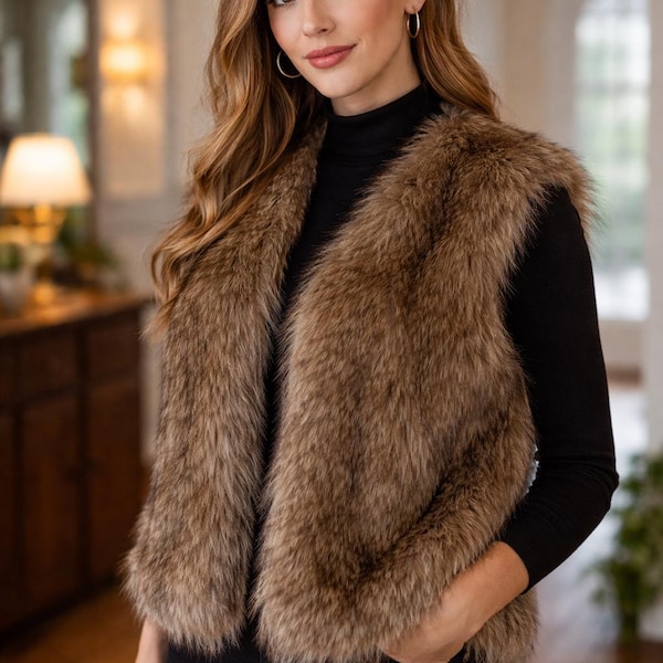 Faux Fur Longline Gilet, Sleeveless Winter Vest, Women’s Warm Outerwear