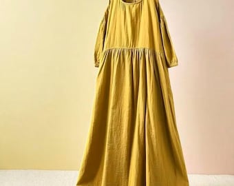 Robe d'automne en coton pour femmes - Robe longue à manches longues, col rond, coupe ample décontractée, personnalisable (style A38)