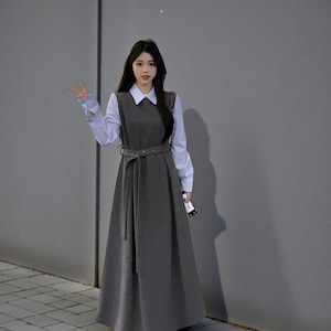 grey pinafore dress women's Handmade Wool Pinafore Dress  Gray Sleeveless Midi