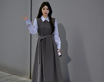 Robe chasuble midi grise - Style vintage avec pull plissé, robe personnalisée sans manches (3736)