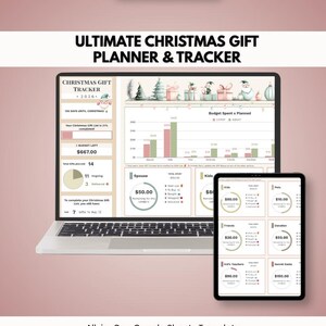 Puede incluir: Una plantilla digital de planificador y rastreador de regalos de Navidad en una pantalla de portátil y tableta. La interfaz incluye gráficos, presupuestos y listas de regalos con ilustraciones festivas. Texto: Ultimate Christmas Gift Planner & Tracker y All-in-One Google Sheets Template.