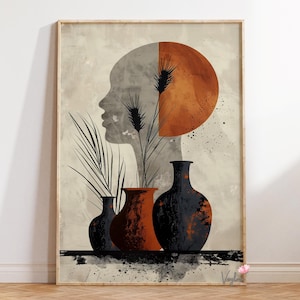 May include: Abstract art print featuring a profile silhouette, a half-circle, and three vases. The color palette includes shades of gray, orange, and black. The artwork has a neutral background with a wooden frame, suitable for home decor.
