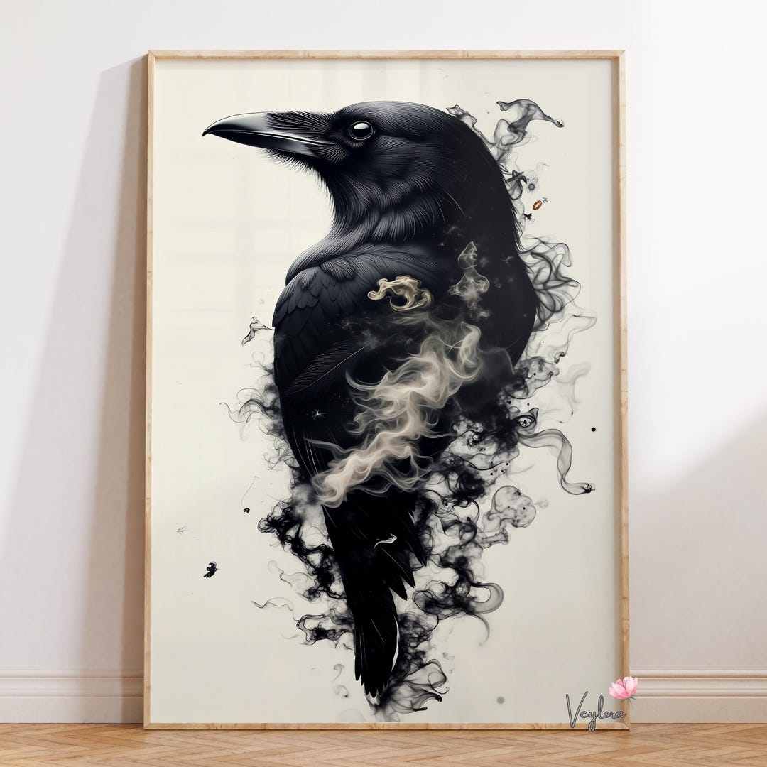 Smoky Ink Raven Printable Wall Art, Monochrome Gothic Bird Poster ...