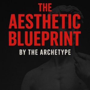 Può includere: Copertina di un libro con il titolo "THE AESTHETIC BLUEPRINT" in rosso, a caratteri grassi. Sotto, il testo "BY THE ARCHETYPE" è in bianco. L'immagine presenta un'illustrazione in scala di grigi di un torso maschile e il logo Archetype.