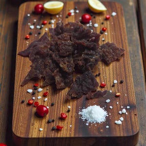 May include: A wooden cutting board displays a pile of dark jerky, red peppercorns, black peppercorns, salt, and lemon wedges. A small wooden bowl with a liquid is in the background. The jerky is the focal point of the image.
